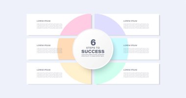Rapor ve sunumlar için 6 adım veya seçeneği olan vektör bilgi tasarım şablonu