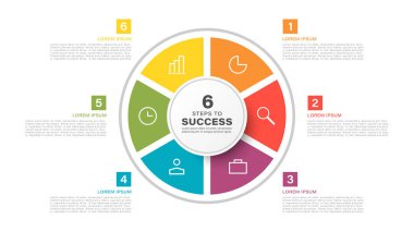 Simgeli ve metinli altı parça çember diyagramı bilgi şablonu