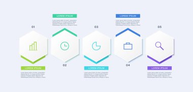 Simge ve metin içeren beş seçeneğe sahip altıgenler vektör bilgi şablonu