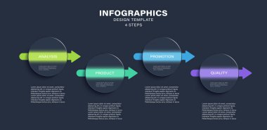 Dört adım veya seçenekli cam morfizm bilgi tasarım şablonu. Oklarla saydam elementleri yuvarla
