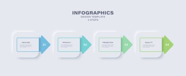 Neumorphism beyaz bilgi şablonu ile 4 adım veya seçenek ve ok. Vektör bilgi tasarım şablonu