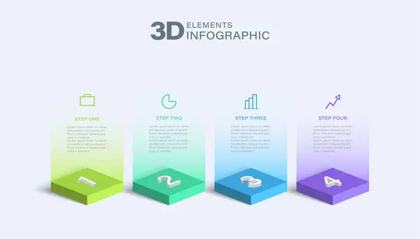 Üç boyutlu vektör enfografik tasarım şablonu dört adım veya seçenekle. Simgeler ve verilerle iş ya da pazarlama bilgi grafikleri