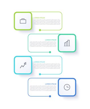 Pazarlama ve finans enfografik dikey tasarım şablonu. Simgelerle dört adım veya seçenekler