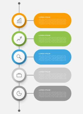 Simgeli beş dikey bilgi işleme şablonu. Sunum slaytları için pazarlama veya ticari bilgi grafikleri