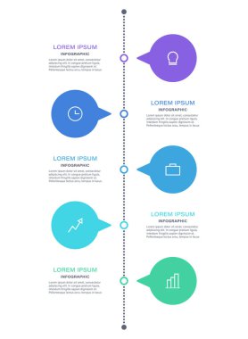 Simgeleri ve metni olan dikey bilgi zaman çizelgesi. Sunum slaytları için düz tasarım bilgi grafikleri.