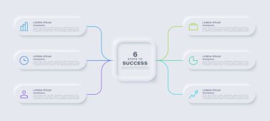 Neumorphism tasarım bilgisi. Simge ve metin içeren altı bölüm veya seçenek