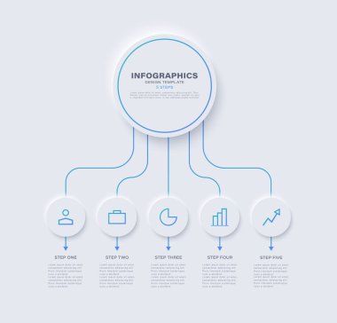 Nöroforfizm bilgi akış şeması tasarım şablonu. Beş seçenek ve simgeye sahip iş veri görselleştirmesi