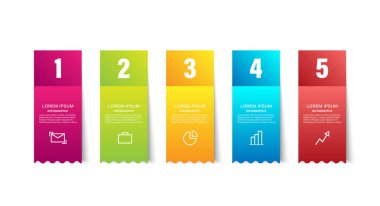 Renkli çıkartmalar vektör enfografik tasarım şablonu. Verileriniz için simge ve boşluk içeren beş adım veya seçenek