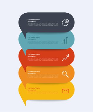 Konuşma baloncuğu dikey vektör bilgi şablonu. Metin ve iş simgeleriyle beş adım veya süreç