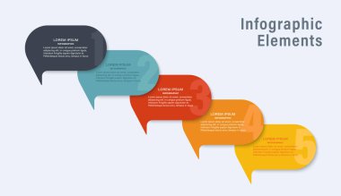 Konuşma kabarcığı vektör bilgi şablonu. Metin için alanı olan beş adım veya işlem.