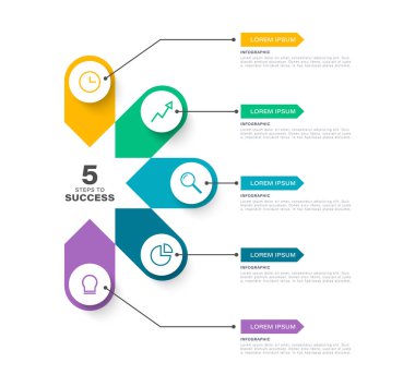 Beş işlem için diyagram vektör bilgi şablonu. Simgelerle iş ve pazarlama şablonu