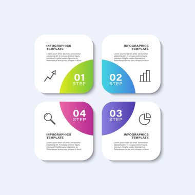Dört kare elementi ve simgesi olan modern bilgi tasarımı. İş ve pazarlama bilgi tasarım şablonu