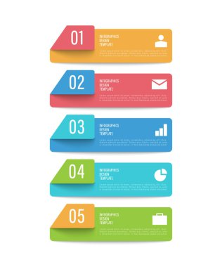 Dikey bilgi şablonu. İş simgeleriyle beş adım veya işlem.