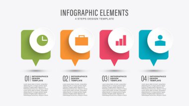 Dört adım ya da süreç için konuşma kabarcığı vektör bilgisi. Simgelerle iş ve pazarlama bilgi grafikleri.