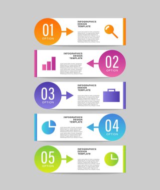 Dikey bilgi şablonu. Simge, sayı ve metin içeren beş işlem