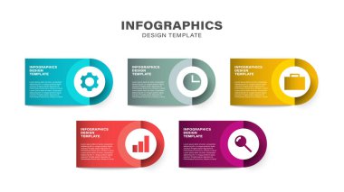 Beş aşamalı vektör işi ve büyük simgeler ve veri için alan içeren bilgi şablonu
