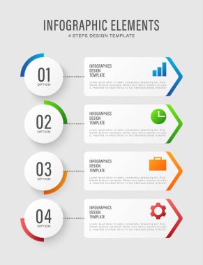 Çalışma alanı ya da adım adım oklarla vektör bilgi şablonu. Veri için simge ve boşluk içeren dört adım veya süreç