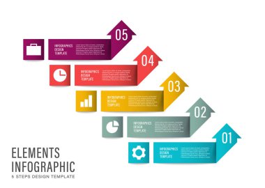 Vektör bilgi şablonunu oklayın. Veri için simge ve yer içeren beş adım veya işlem