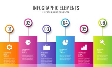 Altı adım veya seçeneği olan vektör bilgi grafikleri. İş ve pazarlama bilgi grafikleri tasarım şablonu simgeler ve metin