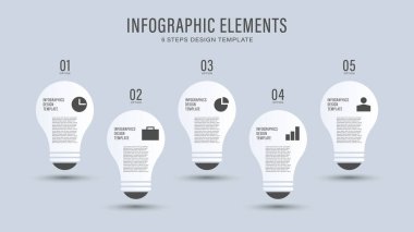 Ampuller 5 adım veya fikir için vektör bilgi şablonu. Başarı yolu, fikirlerin görselleştirilmesi