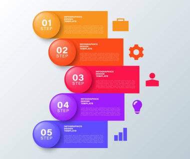 Beş işlem ya da basamaklı dikey üç boyutlu bilgi şablonu. Sunumlar veya raporlar için iş düzeni