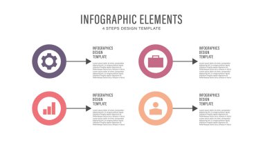 Simgeleri ve metni olan 4 işlem için basit düz tasarım bilgi grafikleri. Sunum kaydırma şablonu
