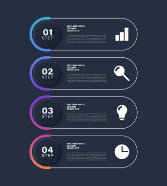 Karanlık Neumorfizm Dikey Bilgi Şablonu. Simgelerle Dört Adım veya Süreç Vektör Bilgisel Düzeni