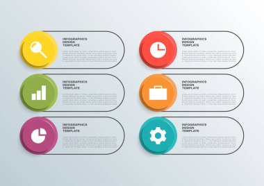 6 adım ya da işlem için 3 boyutlu bilgi şablonu. Veri için simgeleri ve alanı olan iş bilgi düzeni