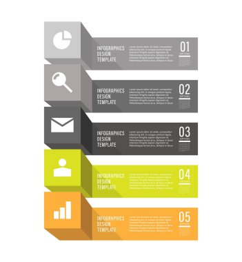 3D Küpler dikey bilgi şablonu. Metin için iş simgelerine ve alana sahip beş adım veya süreç