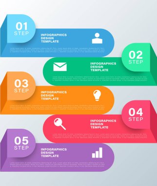 Dikey Pazarlama Bilgileri Şablonu. Verileriniz için Simge ve Boşluklu Beş Adım veya Süreç