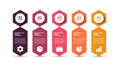 Beş aşamalı vektör bilgi şablonu. İş simgeleriyle altıgenler bilgi düzeni