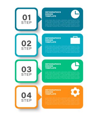 Dikey iş ve pazarlama bilgi şablonu. Veri için simge ve boşluk içeren dört adım veya süreç