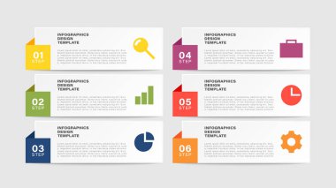 Altı adım ya da seçenekli bilgi şablonu. Simgeli modern bilgi tasarımı