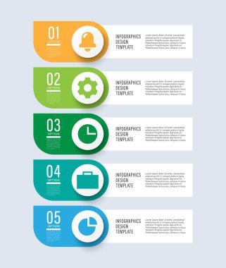 Simgeli modern dikey bilgi şablonu. Beş adım veya süreç vektör bilgi düzeni