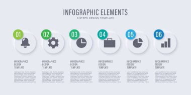 Neumorphism işletme bilgi tasarım şablonu. Veri için simgeleri ve alanı olan altı bilgi ögesi
