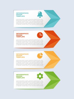 Oklu modern bilgi tasarımı. Simgeli dikey bilgi düzenini dört adım veya işlem