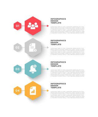 Dört adım ya da seçenekli dikey bilgi şablonu. Simgeli altıgenler vektör infografik düzeni