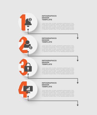 Dört adımlı dikey bilgi tasarımı şablonu. Sunum slaytları için iş ve pazarlama bilgi grafikleri düzeni