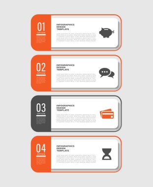 İş simgeleriyle birlikte dört adım dikey bilgi şablonu. Sunum slaytları için bilgi düzeni