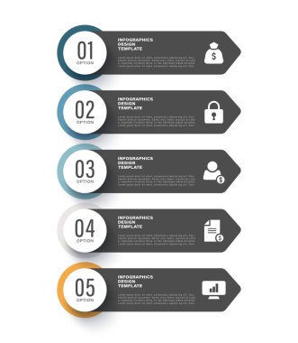 Beş seçenek dikey bilgi şablonu. Simgeler ve metinlerle iş ve pazarlama bilgi düzeni