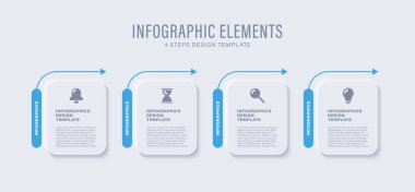 Neumorphism tarzında bilgi grafikleri. İş simgeleri ve metin içeren dört adım bilgi düzeni