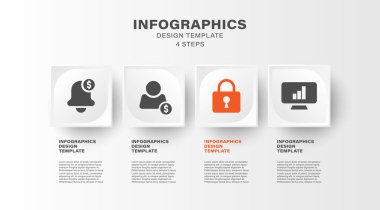 4 adım ya da seçeneği olan modern bilgi şablonu. Simge ve metin içeren iş bilgi düzeni