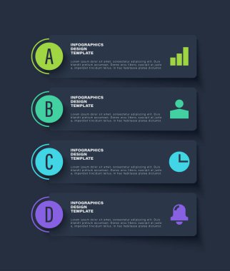 Nöroforfizm koyu dikey bilgi şablonu. Simge ve metin içeren dört adım veya seçenek