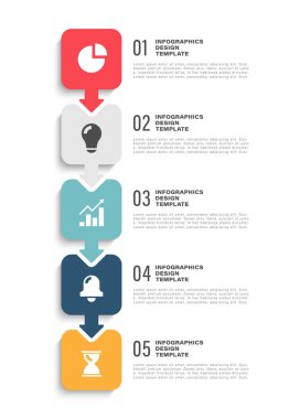 İş simgeleriyle birlikte dikey bilgi tasarımı şablonu. Sunum slaytları için beş adım, talimatlar veya bilgi düzeni