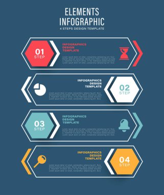 Oklu, 4 basamaklı ya da seçenekli iş bilgileri. Simgeler ve metinlerle vektör dikey bilgi düzeni.