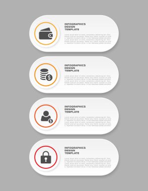 İş simgeleri ve metin içeren minimalist dikey bilgi şablonu. Dört adım vektör infografik düzeni