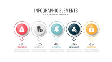 Beş adım ve iş simgeleriyle üç boyutlu bilgi şablonu. Pazarlama sunumları için bilgi düzeni