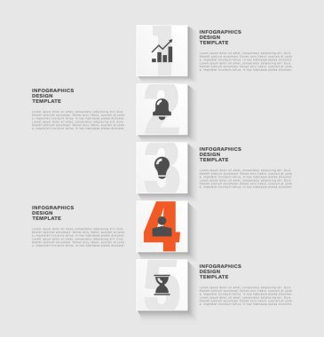 İş simgeleriyle beş adım ya da dikey vektör bilgi şablonu. Sunum slaytları için bilgi düzeni