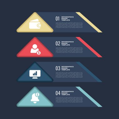 İş simgeleri ve metinlerle 3D Üçgen dikey bilgi şablonu. Koyu mavi arkaplan üzerine bilgi düzeni