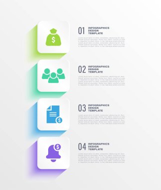 Dikey vektör infografik tasarım şablonu. İş simgeleriyle dört adım veya seçenekler infografik düzeni